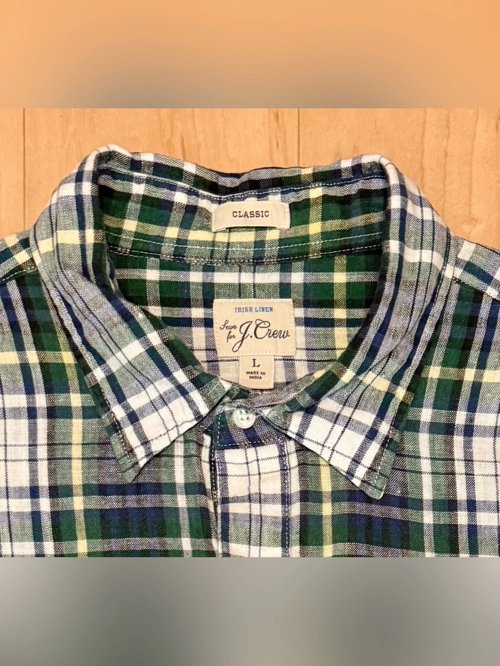 J. Crew 100% Irish Linen S/S Popover Shirt Classic Green Blue Plaid Men’s Large